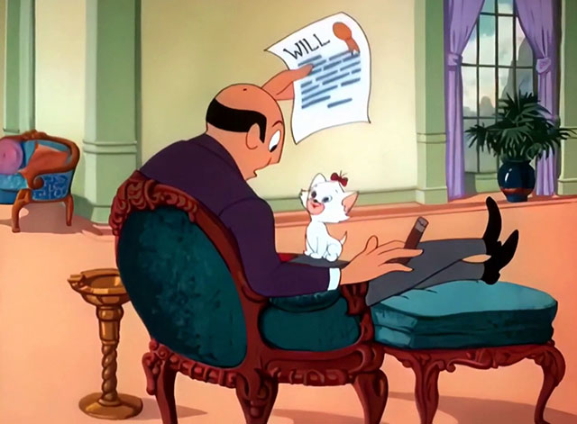 Kitty Cornered - white cartoon kitten Kitty Kuddles the III sitting on lap of butler Snardley