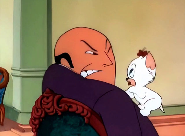 Kitty Cornered - white cartoon kitten Kitty Kuddles the III licking face of butler Snardley