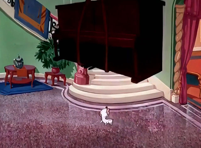 Kitty Cornered - white cartoon kitten Kitty Kuddles the III under falling piano