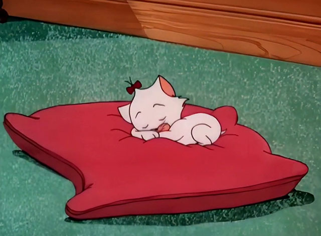 Kitty Cornered - white cartoon kitten Kitty Kuddles the III sleeping on pillow