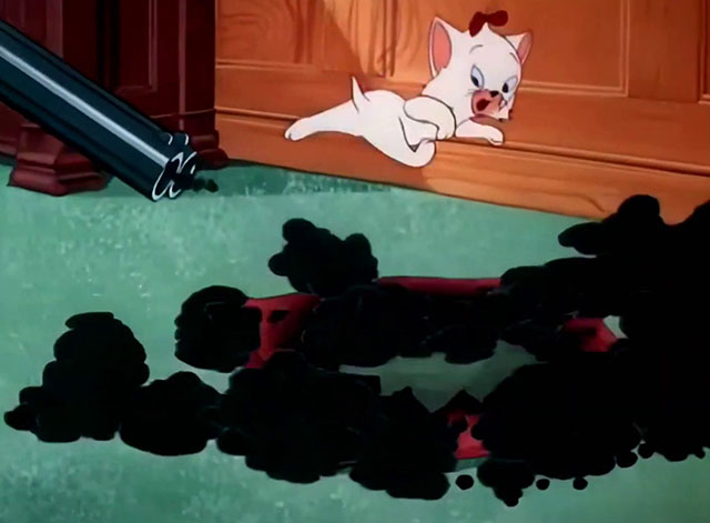 Kitty Cornered - white cartoon kitten Kitty Kuddles the III avoiding shotgun blast to pillow