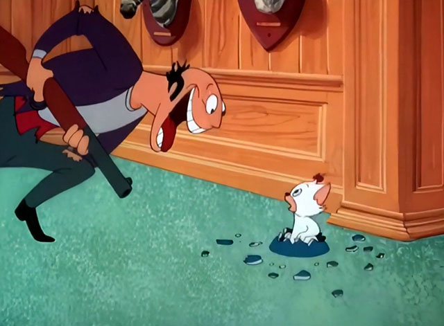 Kitty Cornered - white cartoon kitten Kitty Kuddles the III in broken vase with crazed butler Snardley holding shotgun