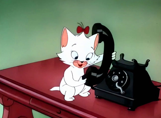 Kitty Cornered - white cartoon kitten Kitty Kuddles the III on telephone