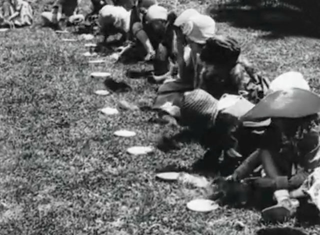 Kitty Kapers - little girls on lawn with kittens and plates