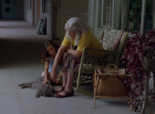 Lady in the Water - Mrs. Bell Mary Beth Hurt and little girl petting long haired gray cat in front of apartment