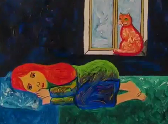L'anima mavi - orange cat on windowsill looking at woman curled in bed