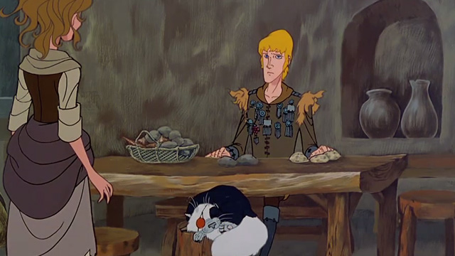 The Last Unicorn - pirate cat lying on stool beside Molly in kitchen with Prince Lir