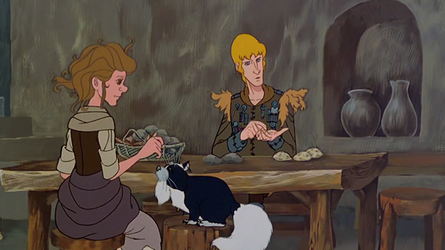 The Last Unicorn - pirate cat sitting on stool beside Molly in kitchen with Prince Lir