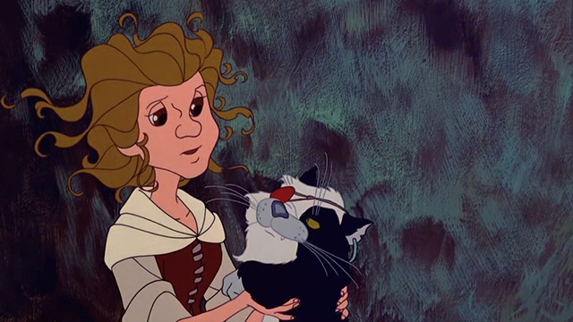 The Last Unicorn - pirate cat being held by Molly on staircase