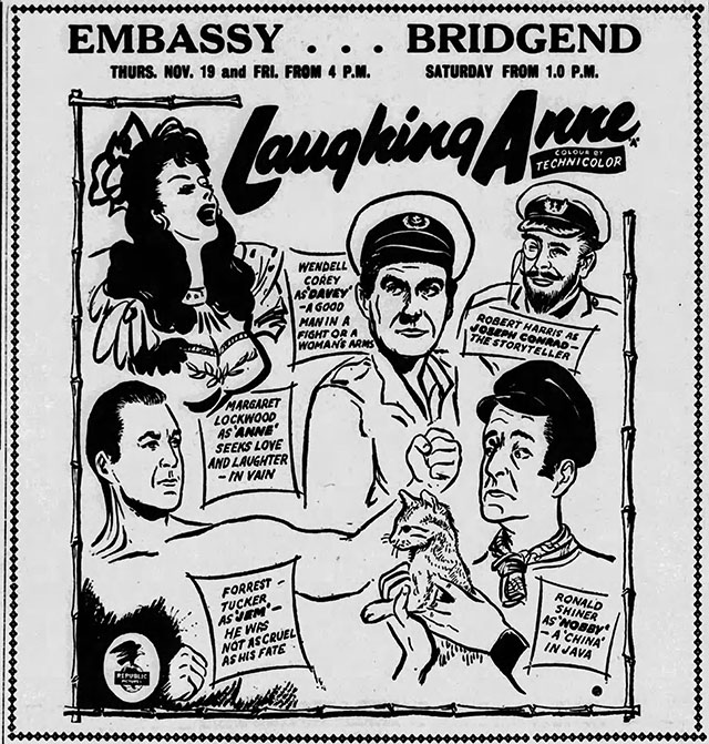Laughing Anne - newspaper advertisement for movie with caricatures of actors in character