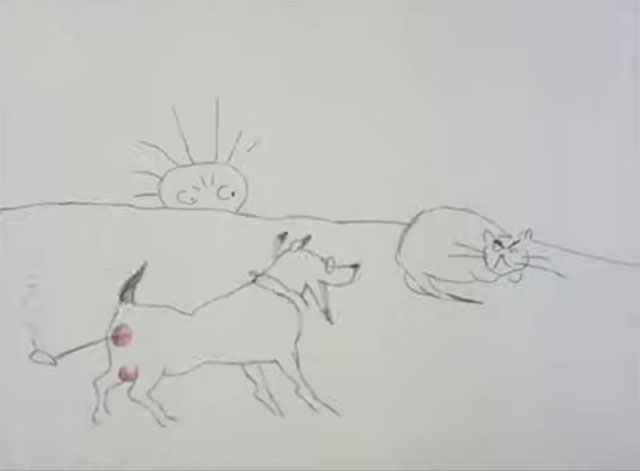 Lautrec - cat angry as dog with glasses and pipe in rear end approaches and sun observes Toulouse sketch