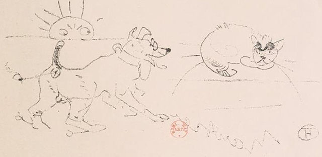 Lautrec - cat angry as dog with glasses and pipe in rear end approaches and sun observes original Toulouse sketch