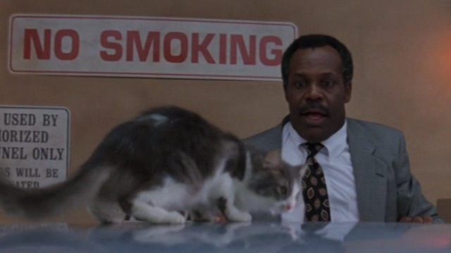 Lethal Weapon 3 - Murtaugh Danny Glover looking shocked at cat on top of roof of car