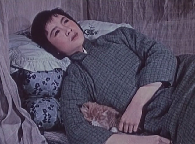 The Lin Family Shop - Lin teenaged daughter lying on bed with long-haired kitten sleeping in her arms