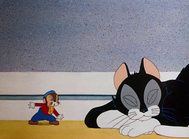 Little Brother Rat - cartoon mouse Sniffles sneaks up on black and white cat sleeping