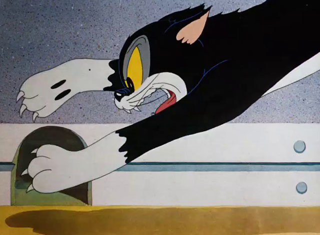 Little Brother Rat - cartoon black and white cat leaping for mousehole