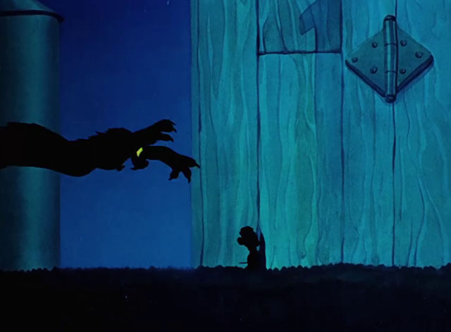 Little Brother Rat - cartoon cat leaping toward mouse Sniffles walking into mousehole in barn at night