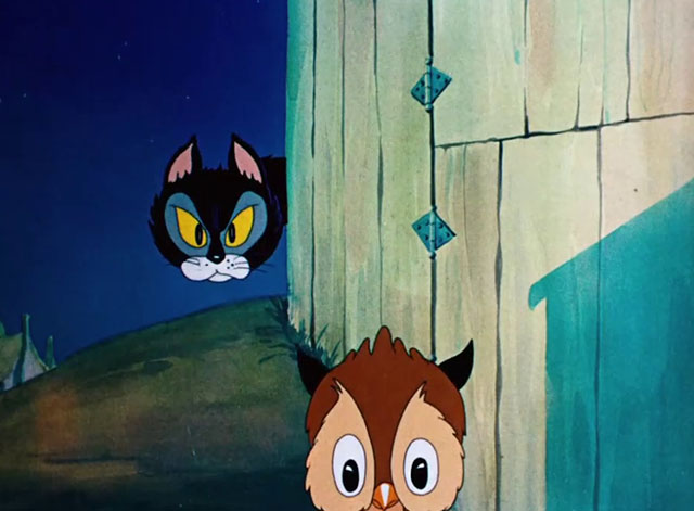 Little Brother Rat - cartoon black and white cat sneaking around corner toward baby owl