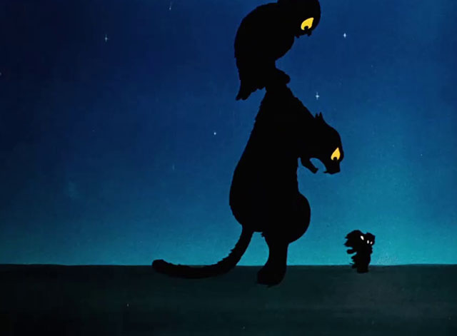 Little Brother Rat - cartoon cat being snatched by owl while chasing mouse Sniffles and baby owl at night