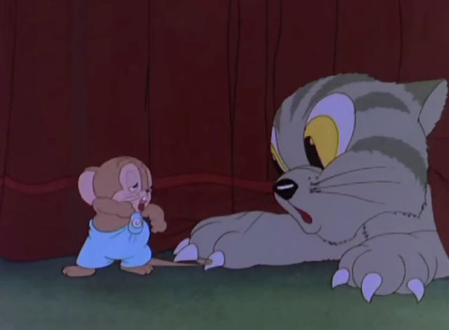 Little Cheeser - cartoon mouse drunk in front of surprised grey tabby cat