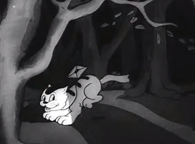 Little Red Riding Hood - cartoon tabby cat running through woods with letter