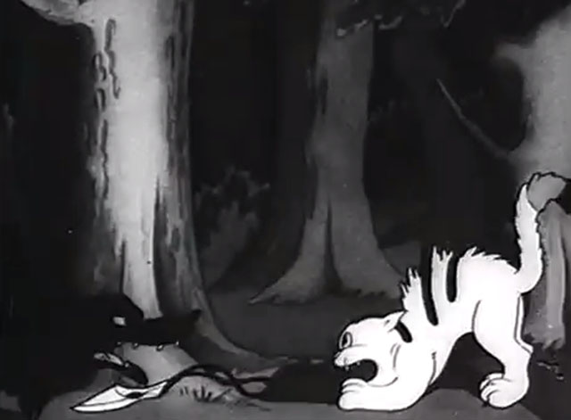 Little Red Riding Hood - cartoon tabby cat confronted by wolf in woods