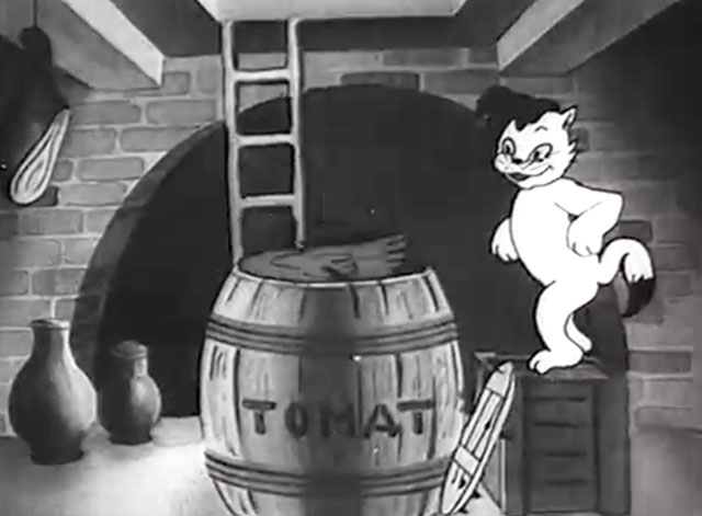 Little Red Riding Hood - cartoon tabby cat next to barrel of tomatoes