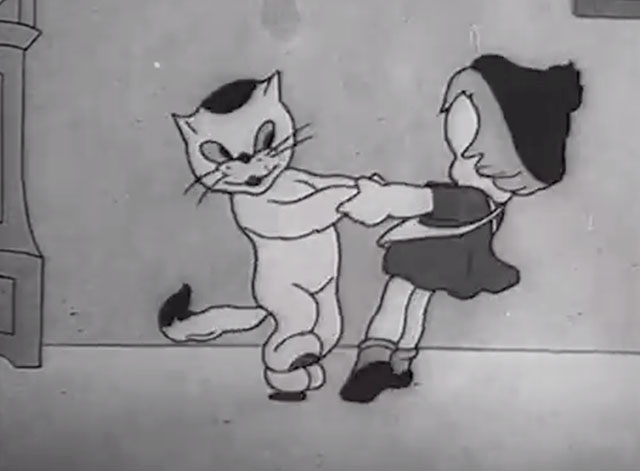 Little Red Riding Hood - cartoon tabby cat dancing with Red Riding Hood