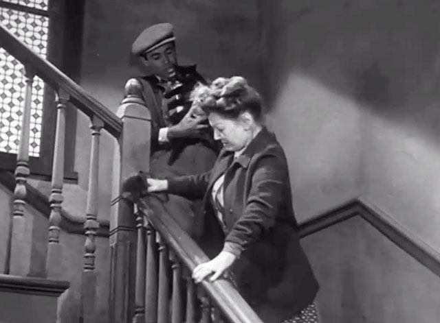 The Long Night - Joe Henry Fonda holding black cat Napoleon with Mrs. Tully Queenie Smith on stairs