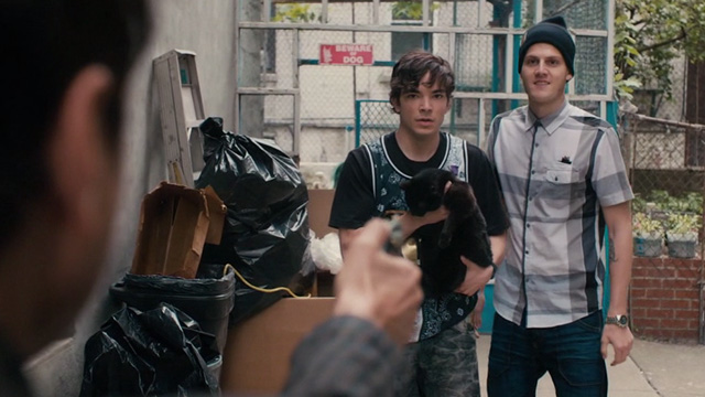 Lost Cat Corona - Dominic pointing gun at two thug kids holding black cat Leonard