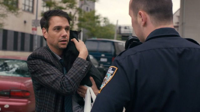 Lost Cat Corona - black cat Leonard on shoulder of Dominic Ralph Macchio