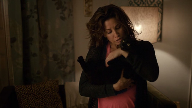 Lost Cat Corona - black cat Leonard held by Connie Gina Gershon