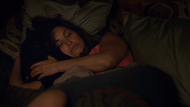 Lost Cat Corona - black cat Leonard in bed with Connie Gina Gershon