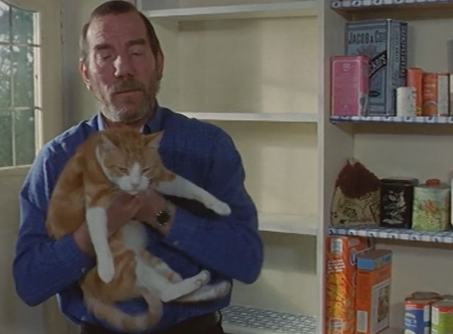 Lost for Words - Deric Peter Postlewaite holding ginger and white tabby cat Whiskey