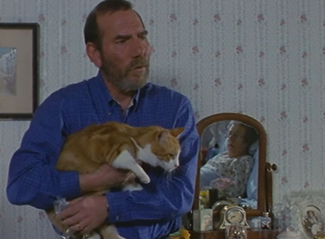 Lost for Words - Deric Peter Postlewaite holding ginger and white tabby cat Whiskey