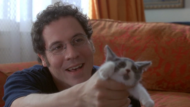 Love & Sex - Adam Jon Favreau holding up grey and white kitten closer
