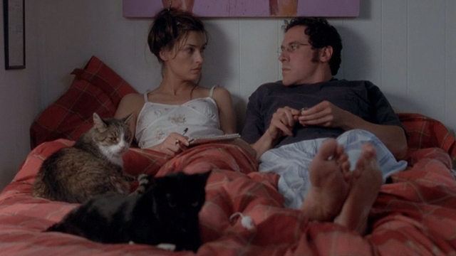 Love & Sex - Adam Jon Favreau and Kate Famke Janssen on bed with two cats