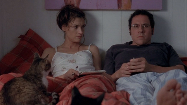 Love & Sex - Adam Jon Favreau and Kate Famke Janssen on bed with two cats closer