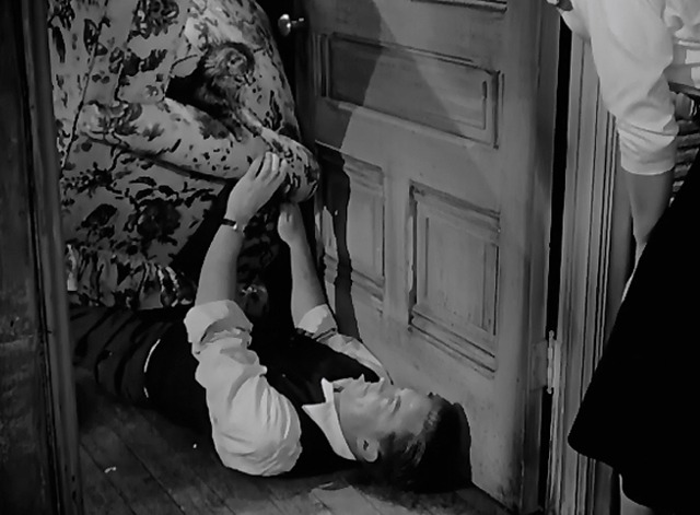 Love Nest - long haired tabby cat Suds on couch on top of Jim William Lundigan