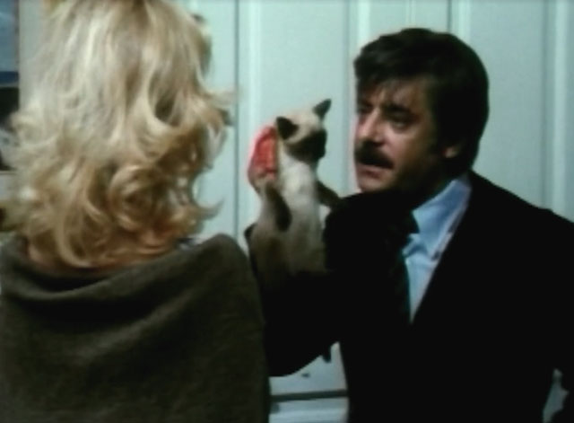 Lovers and Liars - Guido Giancarlo Giannini holding up Siamese kitten Tricky by the scruff to Anita Goldie Hawn