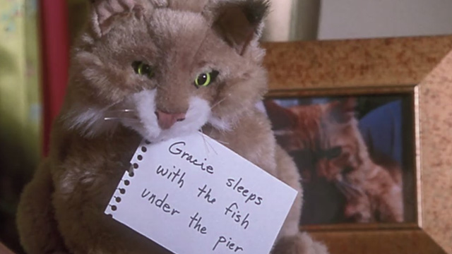 Love Stinks - stuffed cat toy with threatening note in front of photo of longhaired ginger tabby Gracie