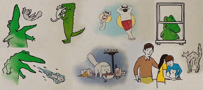 Lyle Lyle Crocodile - various illustrations of silver Persian longhair cat Loretta with Lyle and Primms