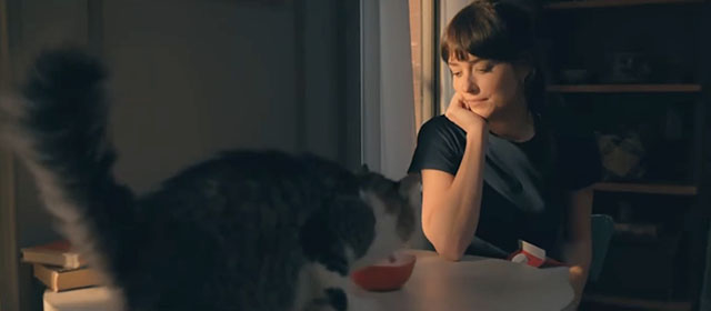 Madame Web - Cassandra Dakota Johnson sitting at table with longhair tabby and white cat drinking milk from bowl