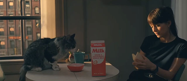 Madame Web - Cassandra Dakota Johnson sitting at table with longhair tabby and white cat drinking milk from bowl