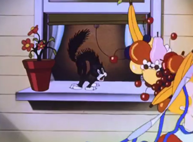 The Mad Hatter - cartoon black cat on windowsill shocked at crazy hat passing by