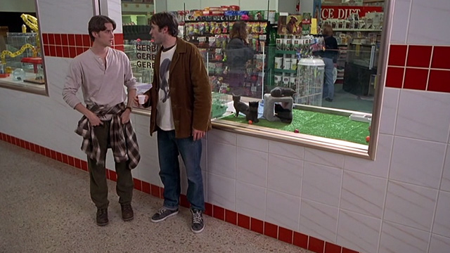 Mallrats - Brodie Jason Lee and TS Jeremy London outside pet store window with kittens