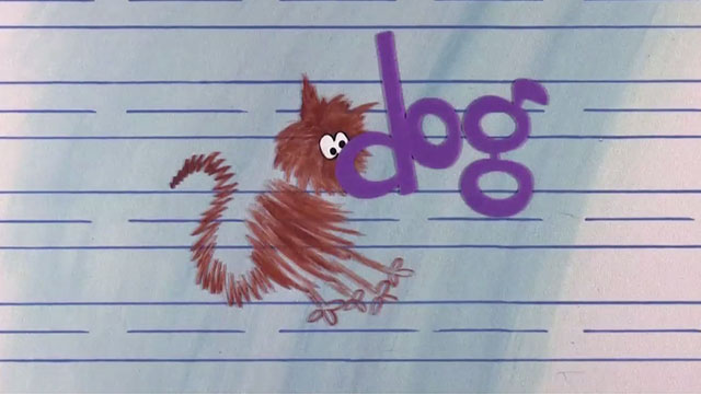 The Man Called Flintstone - scribbled cat running into the word dog on line paper