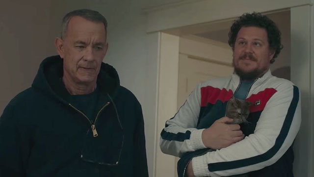A Man Called Otto - Otto Tom Hanks  and Jimmy Cameron Britton with scraggly longhair tabby cat Schmagel