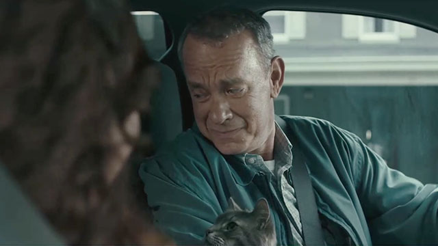 A Man Called Otto - Otto Tom Hanks with Marisol and longhair tabby cat Schmagel in truck