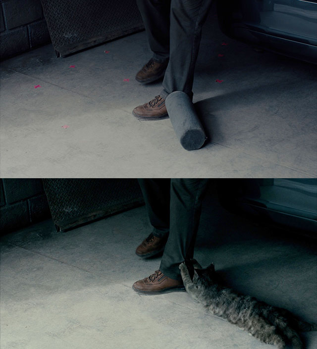 A Man Called Otto - before and after shot of Tom Hanks' leg with cushion and then longhair tabby cat Schmagel computer effects